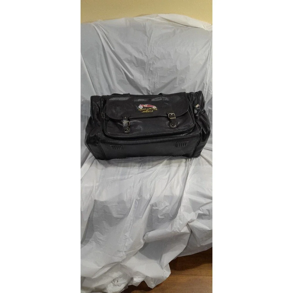 Vtg Classic Car Club Of America, Black Leather Travel Bag, Duffel, 24 Inch HTF